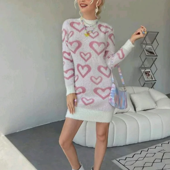Heart Pattern Mock Neck Fluffy Soft Knit Sweater Dress - Picture 3 of 7